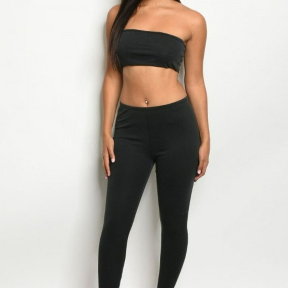 New Black Stretchy Soft Layering Bandeau Tube Top & Leggings Pants Set M
